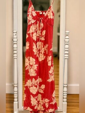ROXY Sunshine Crush MIDI Dress NWT Red Floral Open back Boho Beachy |small